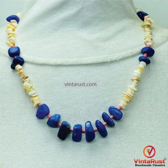 Beaded Multi Stone Necklace, Handmade Lapis Lazuli Beaded Necklace, - Picture 1 of 7